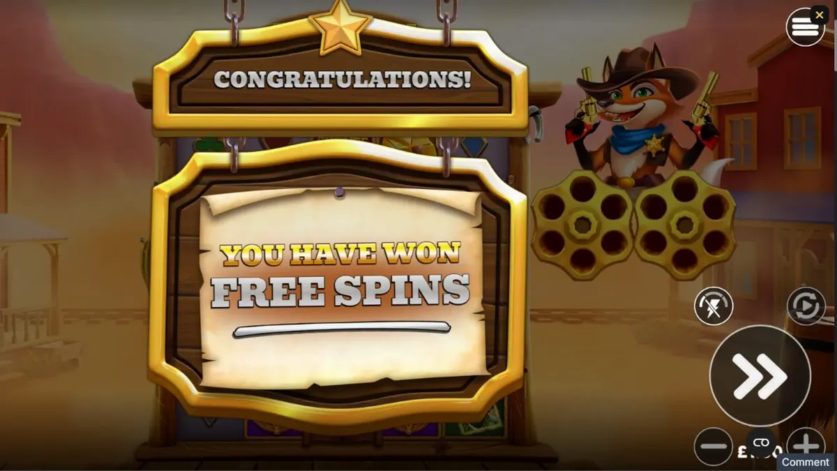 Tampilan visual slot Saloon Showdown 10,000x dengan karakter sheriff rubah dan latar belakang kota Wild West.