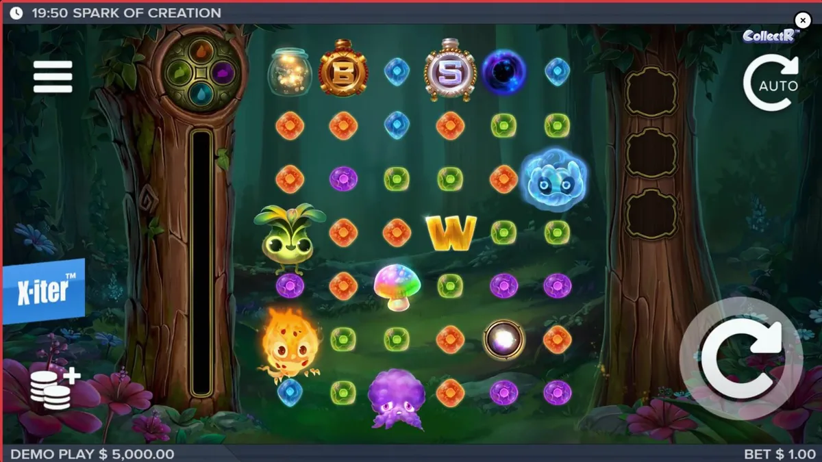Tampilan visual makhluk elemental di dalam hutan magis pada slot Spark of Creation